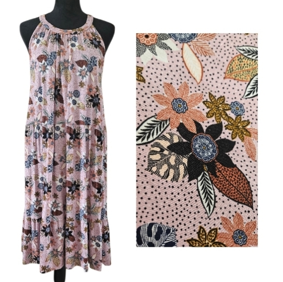 LOFT Dresses & Skirts - LOFT Pink Floral Sleeveless Halter Tiered Swing Dress Size 14
